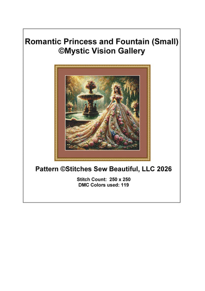 Romantic Princess and Fountain (Small) counted cross stitch pattern by Mystic Vision Gallery (Digital Format)