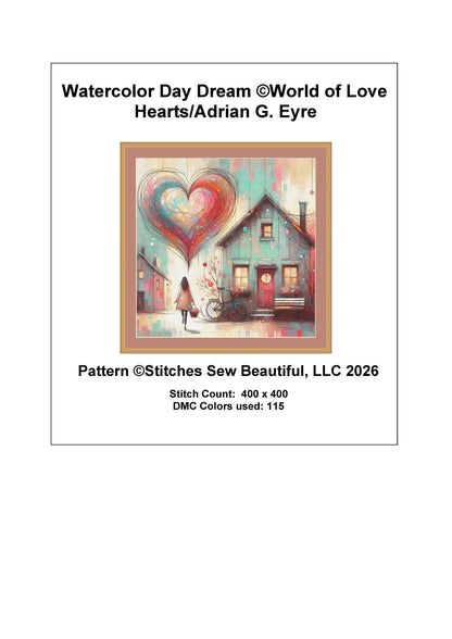 Watercolor Day Dream counted cross stitch pattern by World of Love Hearts/Adrian G. Eyre (Digital Format)