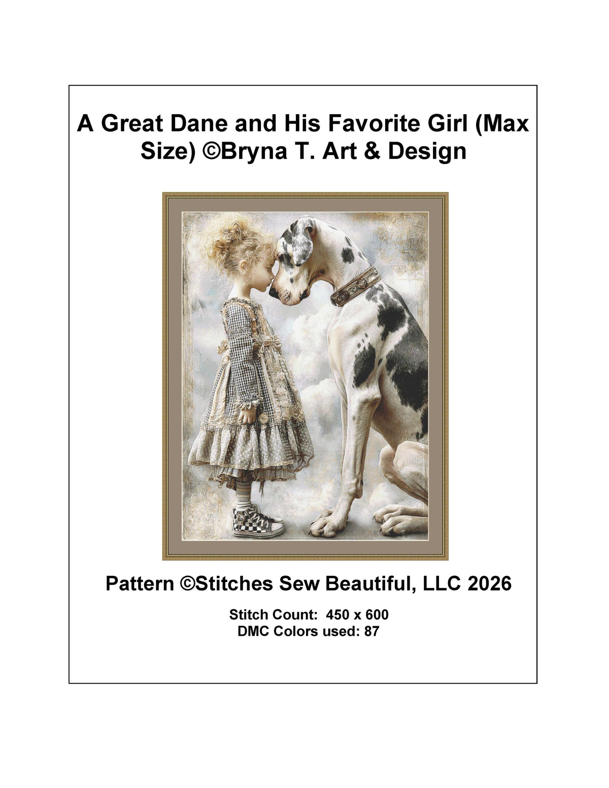 A Great Dane and His Favorite Girl (Max Size) counted cross stitch pattern by Bryna T. Art & Design (Digital Format)
