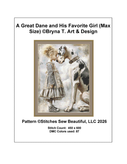 A Great Dane and His Favorite Girl (Max Size) counted cross stitch pattern by Bryna T. Art & Design (Digital Format)