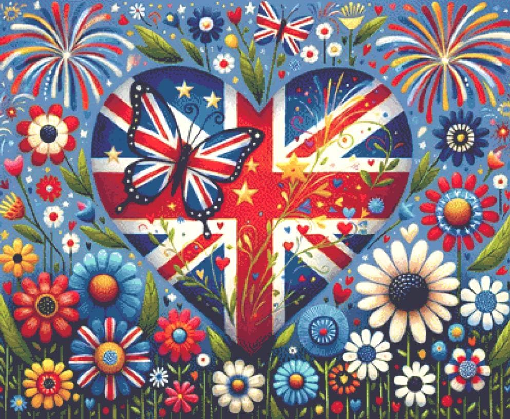 Patriotic Heart (UK Version) counted cross stitch pattern by World of Love Hearts/Adrian G. Eyre (Digital Format)