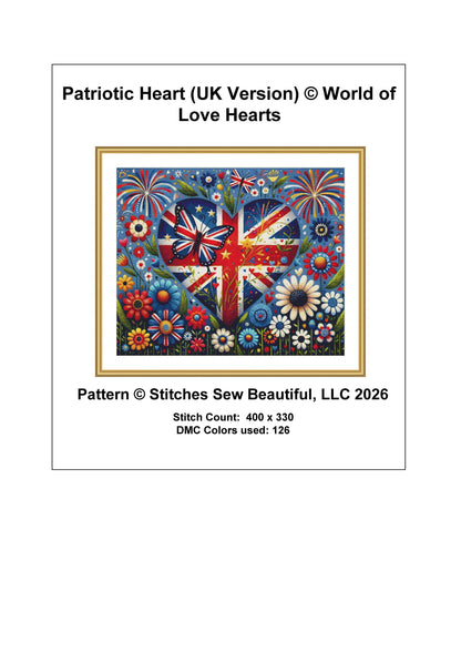 Patriotic Heart (UK Version) counted cross stitch pattern by World of Love Hearts/Adrian G. Eyre (Digital Format)