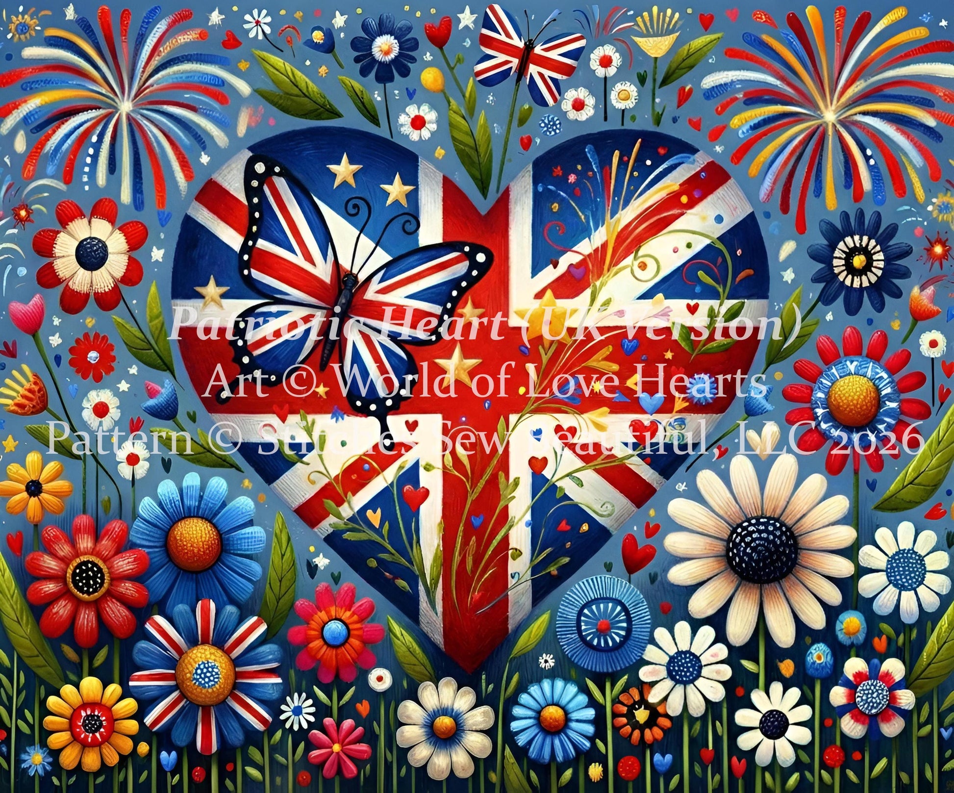 Patriotic Heart (UK Version) counted cross stitch pattern by World of Love Hearts/Adrian G. Eyre (Digital Format)