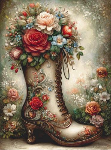 Antique Rose Boot counted cross stitch pattern by Sassy E. Boutique (Digital Format)