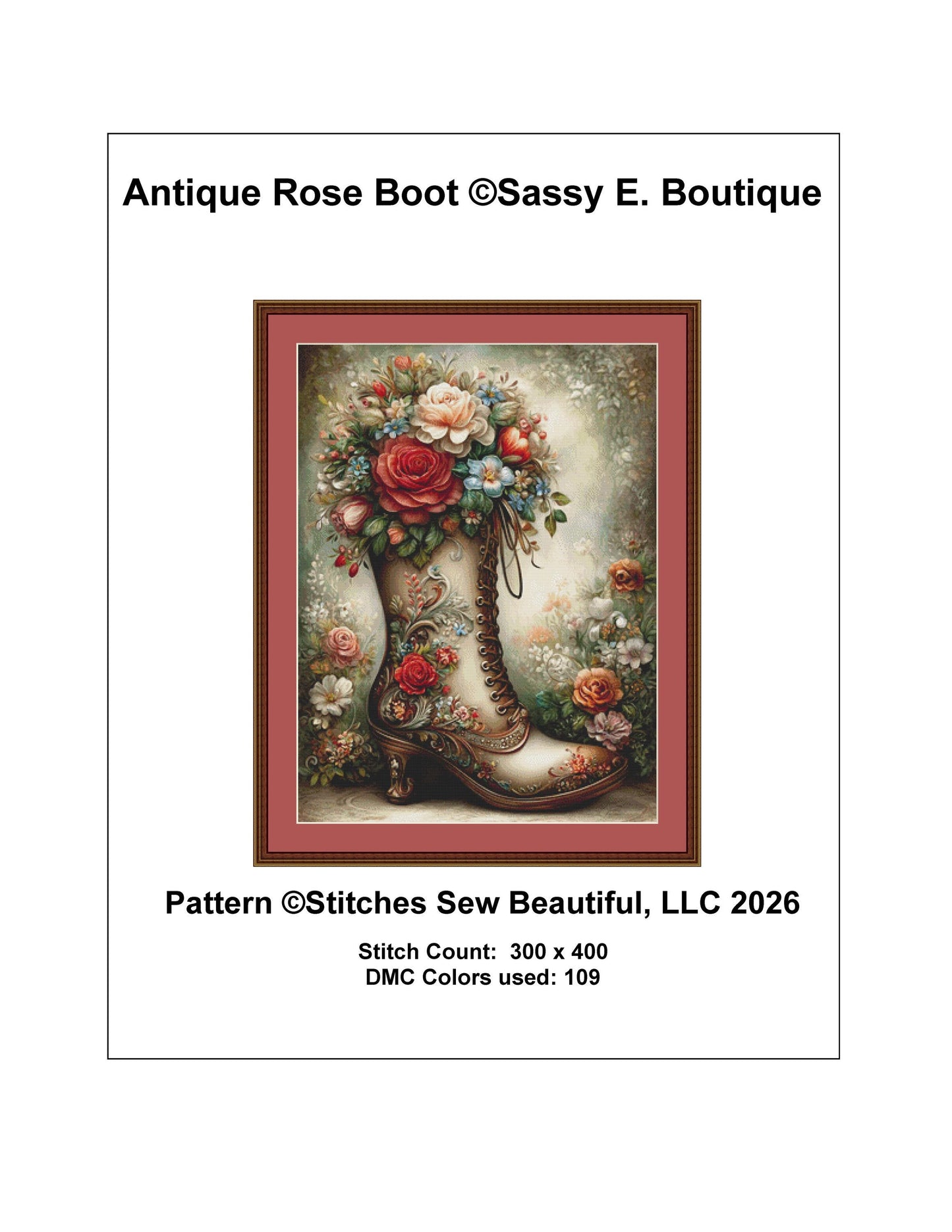 Antique Rose Boot counted cross stitch pattern by Sassy E. Boutique (Digital Format)