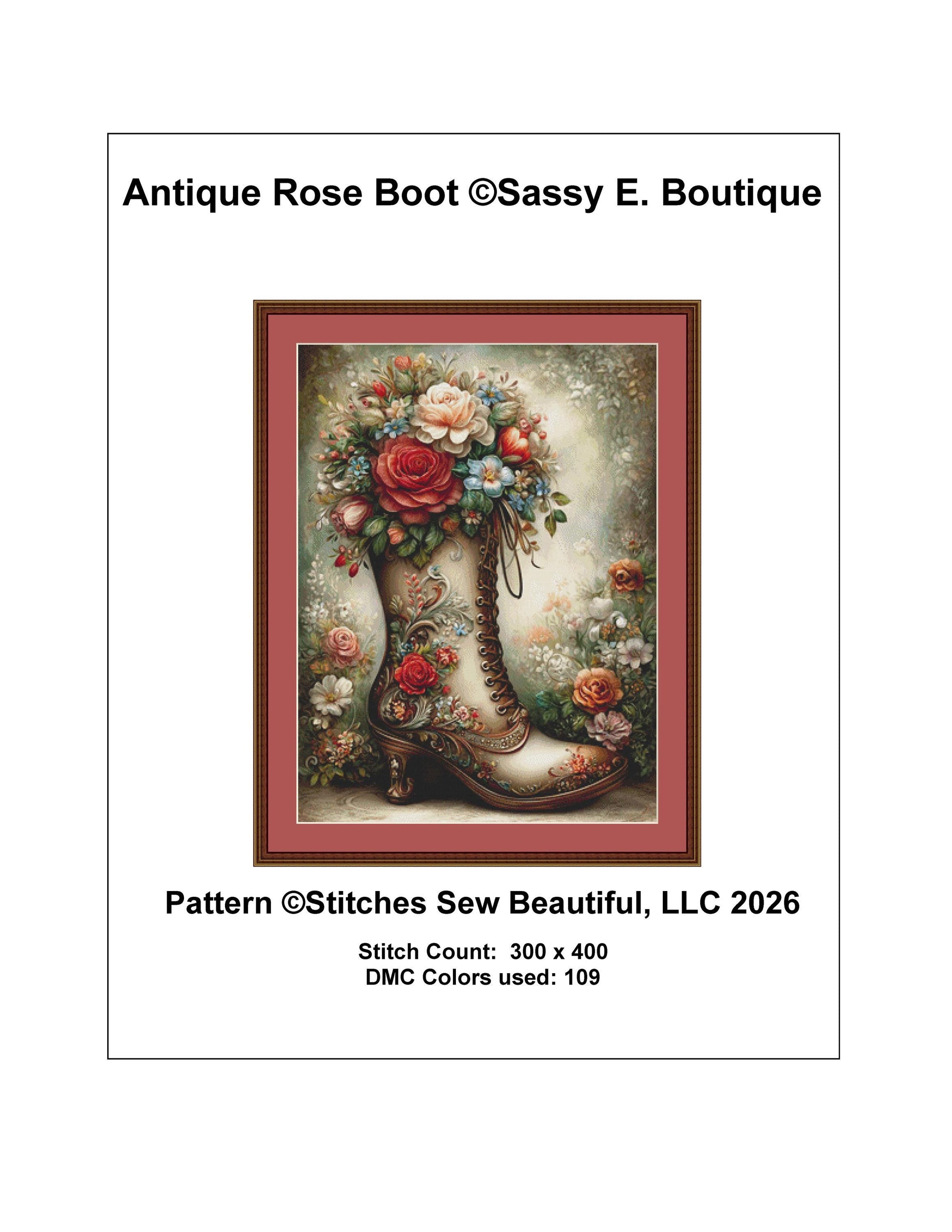 Antique Rose Boot counted cross stitch pattern by Sassy E. Boutique (Digital Format)