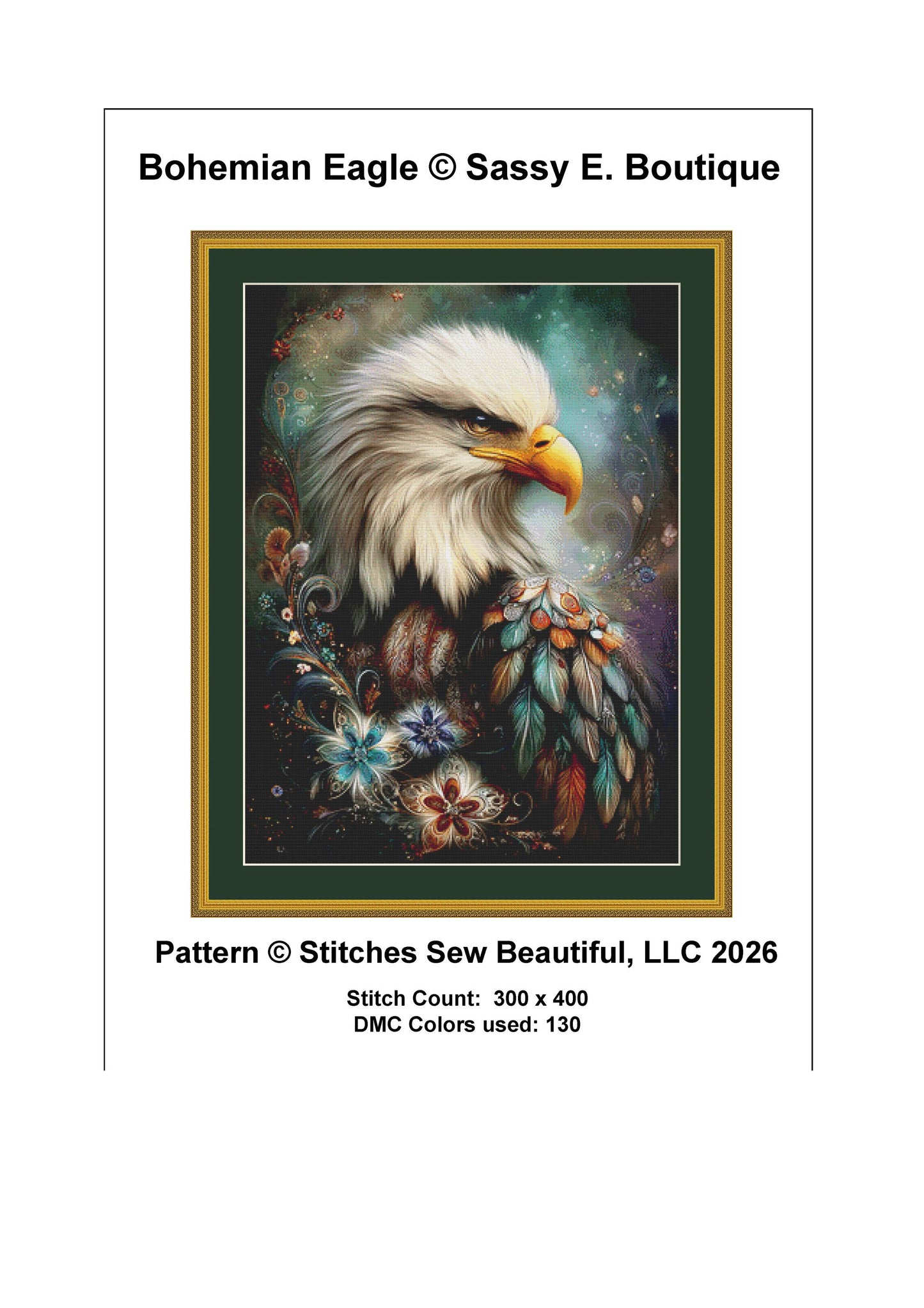 Bohemian Eagle counted cross stitch pattern by Sassy E. Boutique (Digital Format)