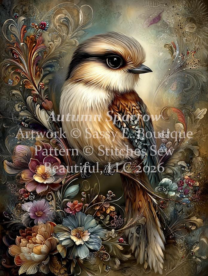 Autumn Sparrow counted cross stitch pattern by Sassy E. Boutique (Digital Format)