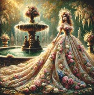 Romantic Princess and Fountain (Small) counted cross stitch pattern by Mystic Vision Gallery (Digital Format)