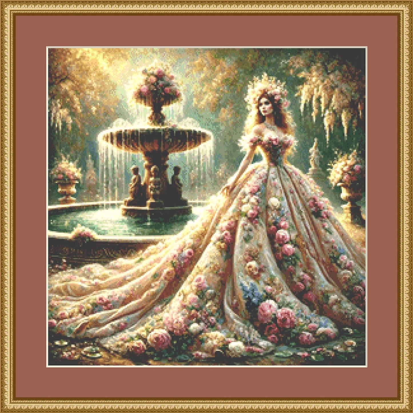 Romantic Princess and Fountain (Small) counted cross stitch pattern by Mystic Vision Gallery (Digital Format)
